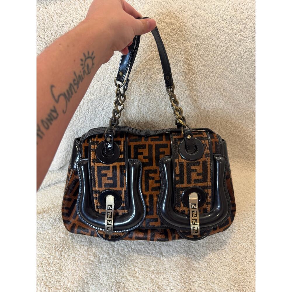 Vintage Fendi Zucca Monogram Baguette Bag Brown Canvas Black Leather Shoulder - Picture 2 of 16